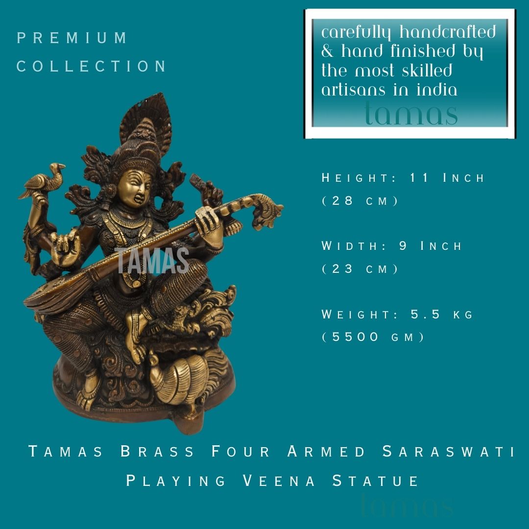 Tamas Brass Four Armed Saraswati Playing Veena Statue/Idol (11 Inch) (Golden)