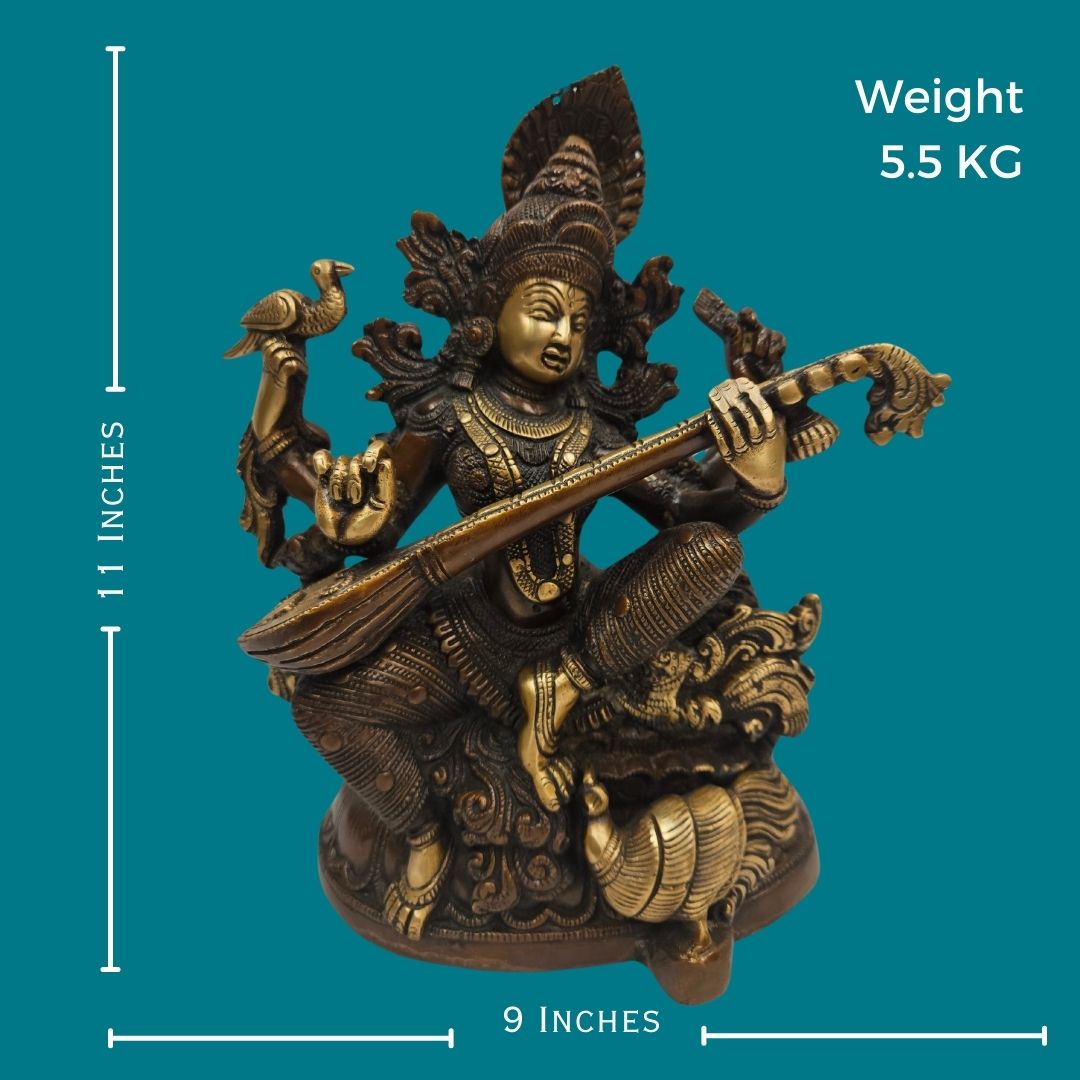 Tamas Brass Four Armed Saraswati Playing Veena Statue/Idol (11 Inch) (Golden)