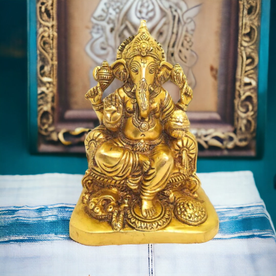 Brass Lord Ganesha Sitting on Carved Singhasan with Mooshak Statue (Golden) Height 6 inches | Free Premium Gift Box