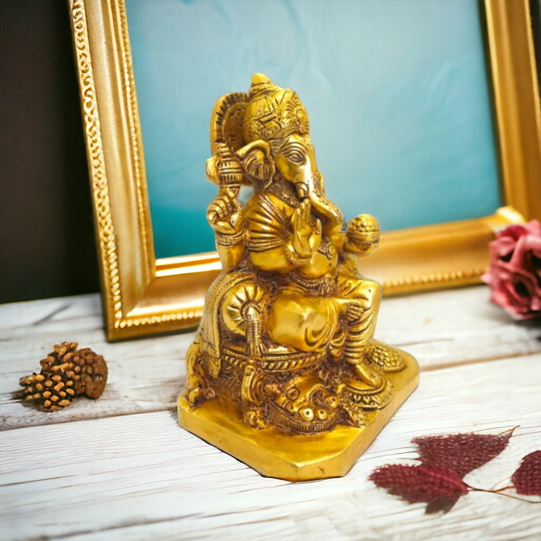 Brass Lord Ganesha Sitting on Carved Singhasan with Mooshak Statue (Golden) Height 6 inches | Free Premium Gift Box