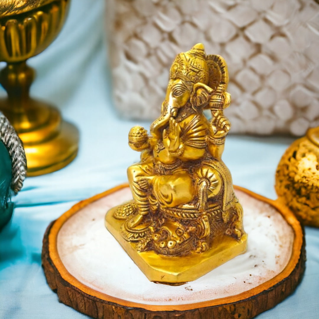 Brass Lord Ganesha Sitting on Carved Singhasan with Mooshak Statue (Golden) Height 6 inches | Free Premium Gift Box