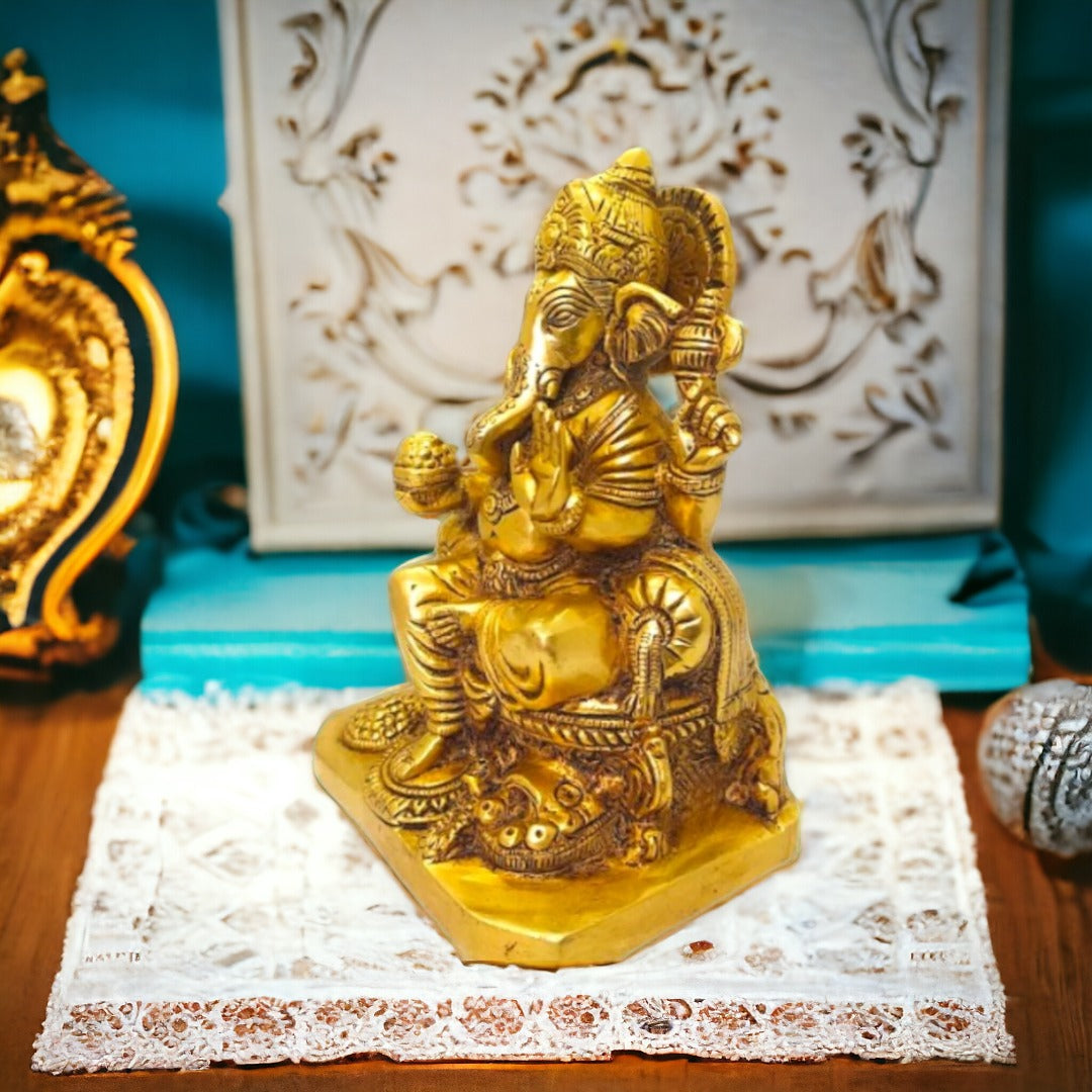 Brass Lord Ganesha Sitting on Carved Singhasan with Mooshak Statue (Golden) Height 6 inches | Free Premium Gift Box