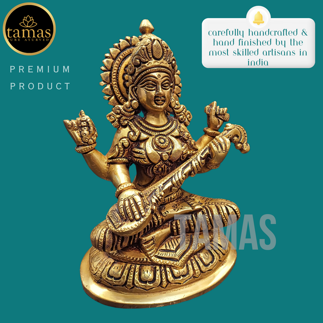 Tamas Brass Saraswati Statue (7.5 Inches)| Free Luxury Gift box