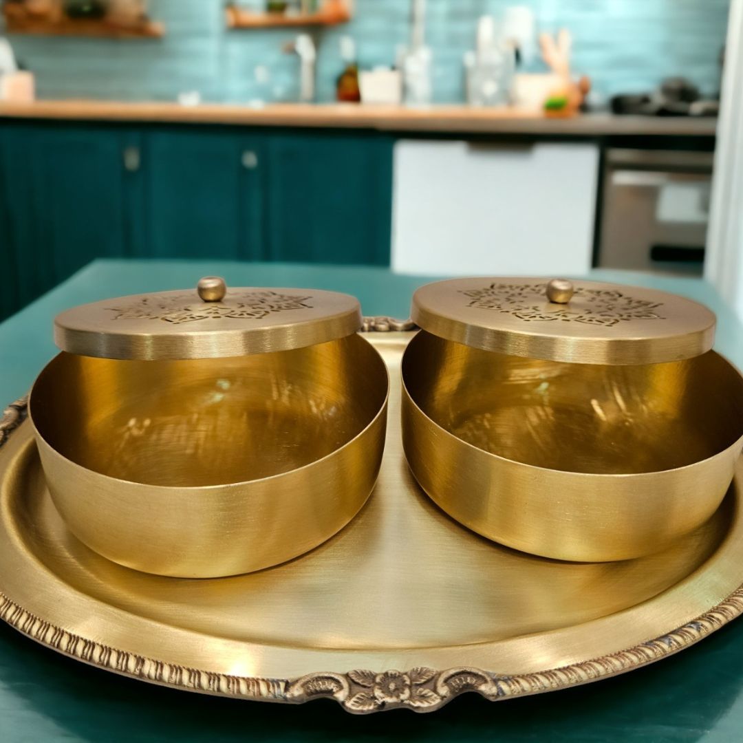 Tamas Brass Serving Tray and Bowls with Lid Set -3 Pcs Golden)