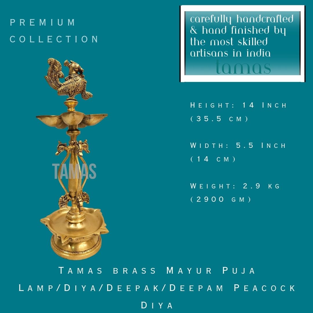 Tamas brass Mayur Puja Lamp/Diya/Deepak/Deepam Peacock Diya (14 Inch) (Golden)