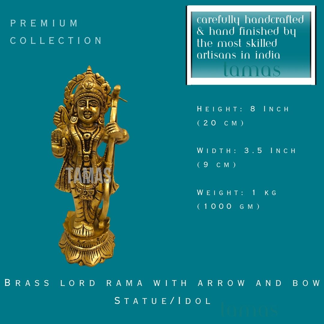 Brass lord rama with arrow and bow Statue/Idol (8 Inch) (Golden)|Free Premium Gift Box