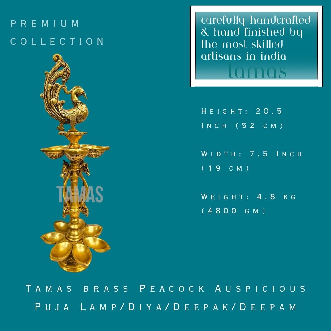 Tamas Brass Peacock Auspicious Puja Lamp/Diya/Deepak/Deepam (20.5 Inch) (Golden)