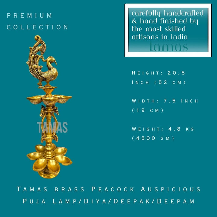 Tamas brass Peacock Auspicious Puja Lamp/Diya/Deepak/Deepam (20.5 Inch) (Golden)