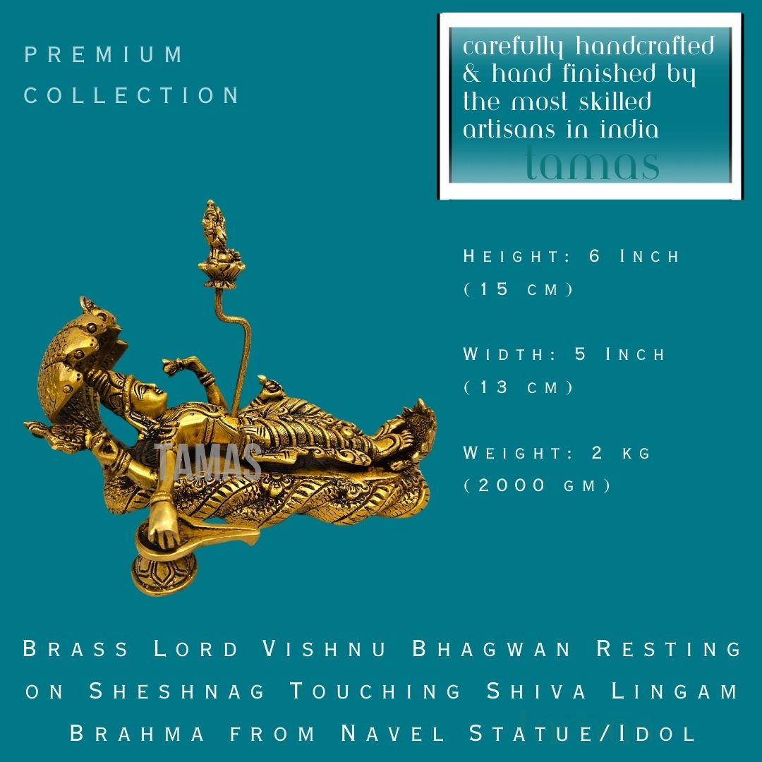 Brass Lord Vishnu Bhagwan Resting on Sheshnag Touching Shiva Lingam Brahma from Navel Statue/Idol (6 Inch) (Golden)