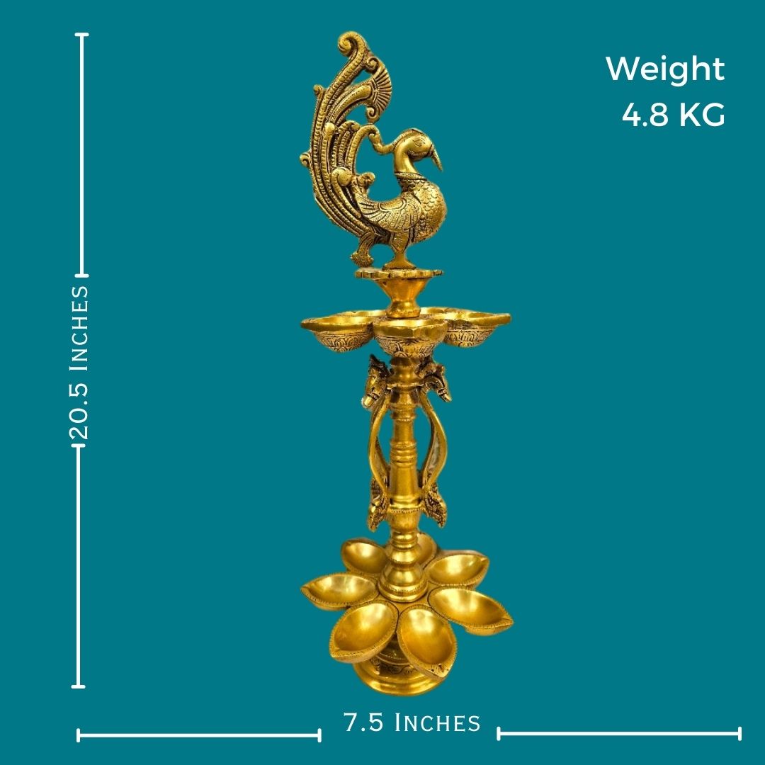 Tamas Brass Peacock Auspicious Puja Lamp/Diya/Deepak/Deepam (20.5 Inch) (Golden)