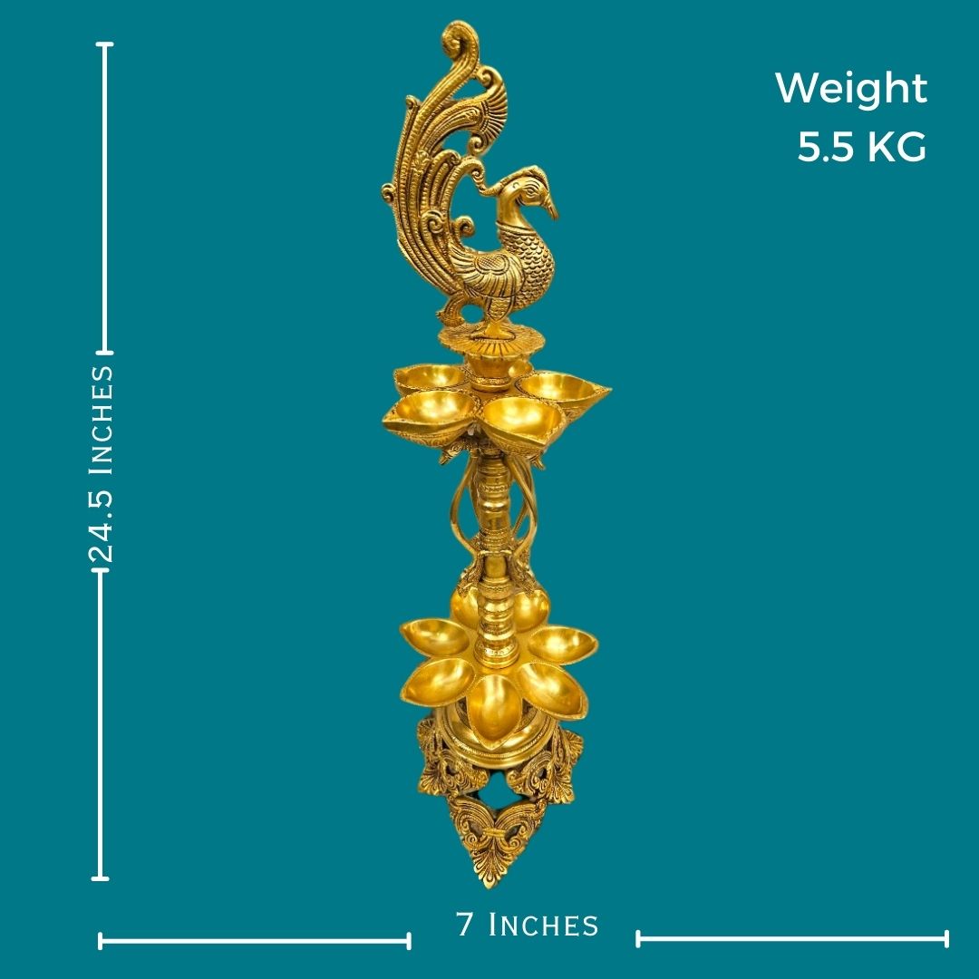 Brass Ten Wicks Peacock Lamp (24.5 Inch) (Golden)