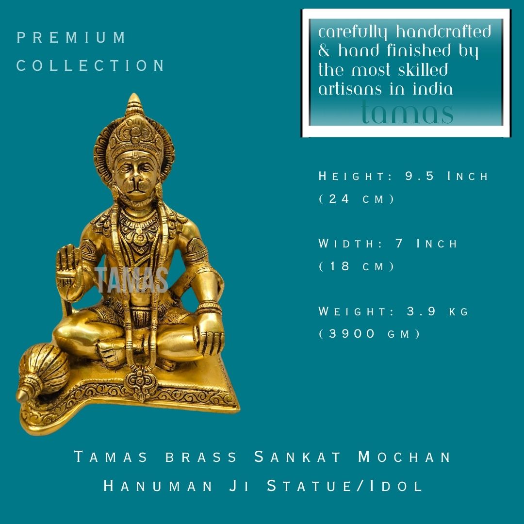 Tamas brass Sankat Mochan Hanuman Ji Statue/Idol (9.5 Inch)(Golden)