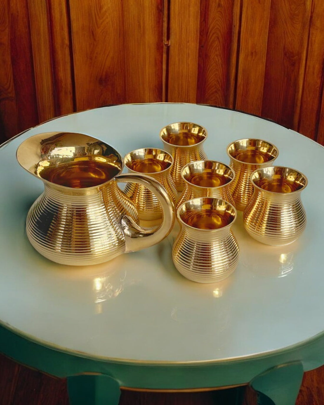 Brass Matki Shape Jug and 4 Glasses Set (Golden)