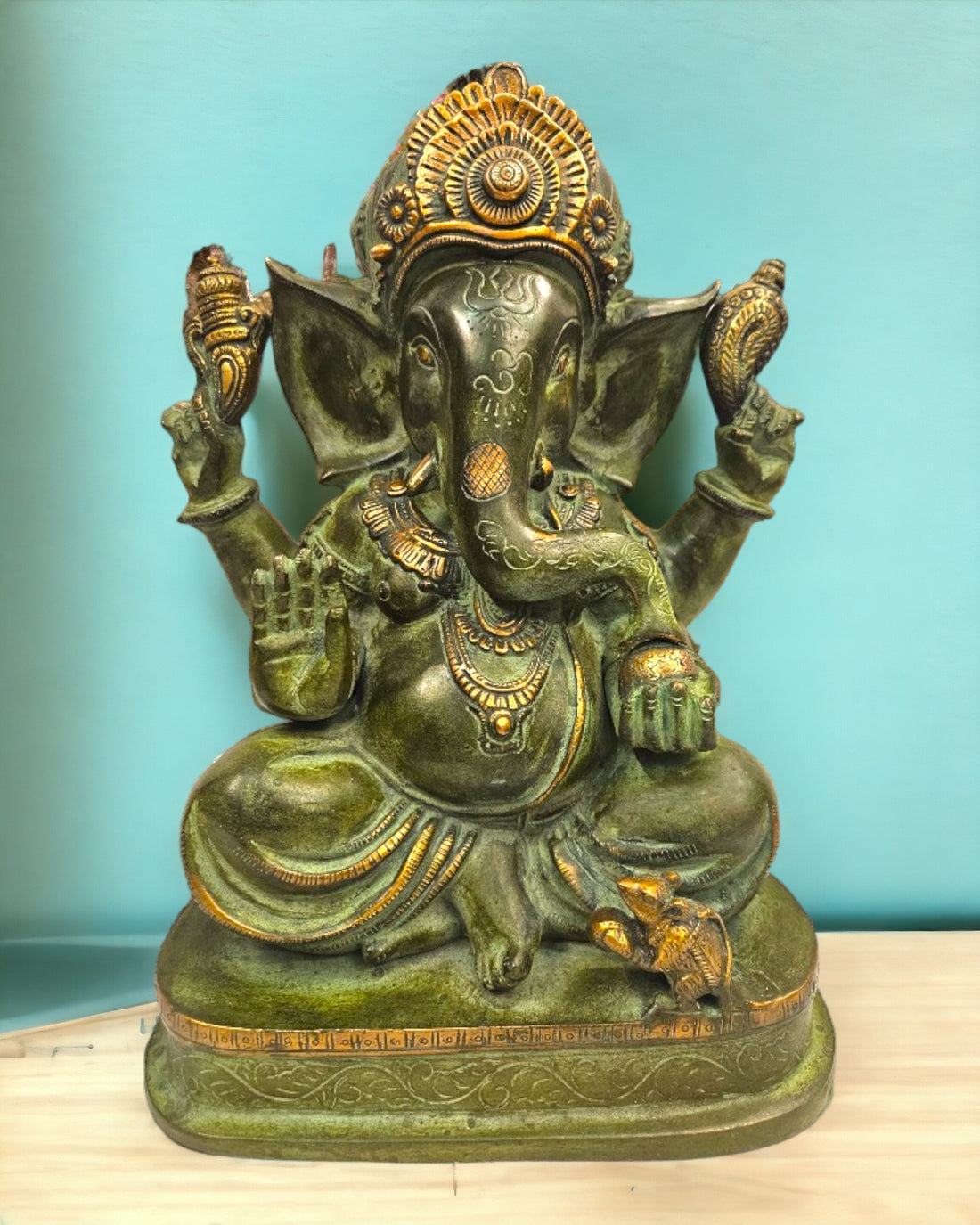 Brass Lord Ganesha Enjoying Modak - Statue/Idol (16 Inch)(Green)