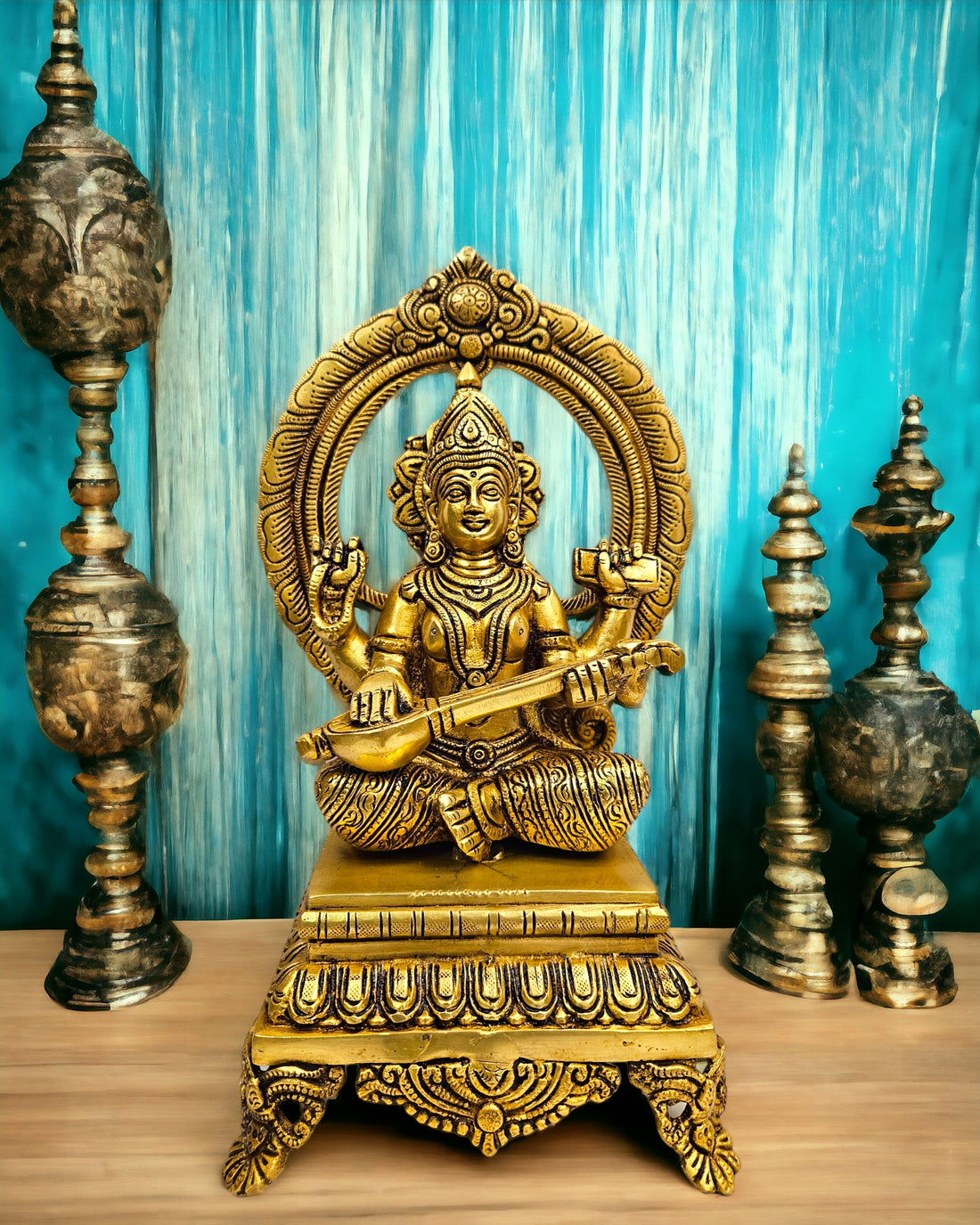 Brass Divinity of Knowledge - Saraswati Statue/Idol (11 Inch) (Golden)