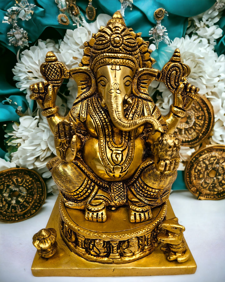 Brass Lord Mangalkari Ganesh Statue/Idol (7.2 Inch) (Golden)