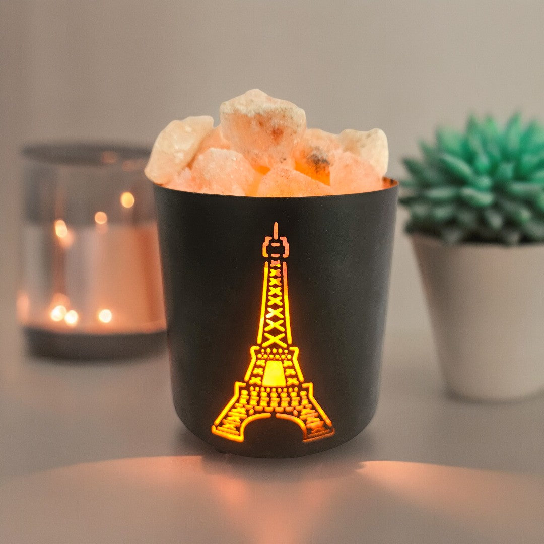 Eiffel Tower Metal Basket Lamp with Chunks of Himalayan Rock Salt (6 Inch)