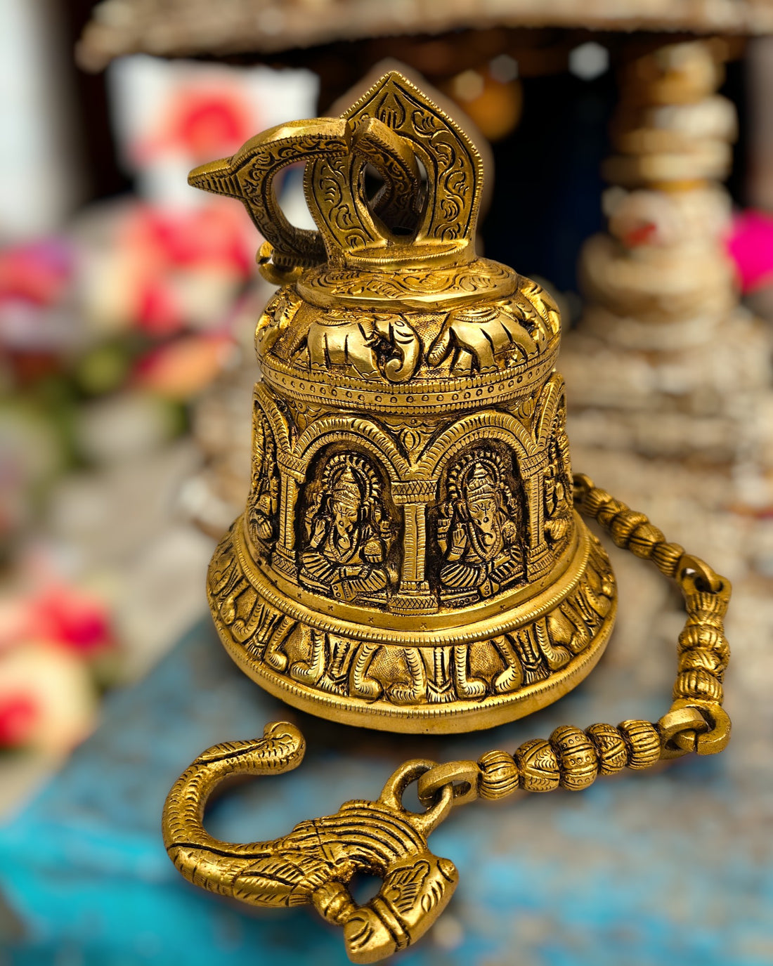 Brass Ganesha Temple Hanging Bell/Ghanti (8 Inch) (Golden)