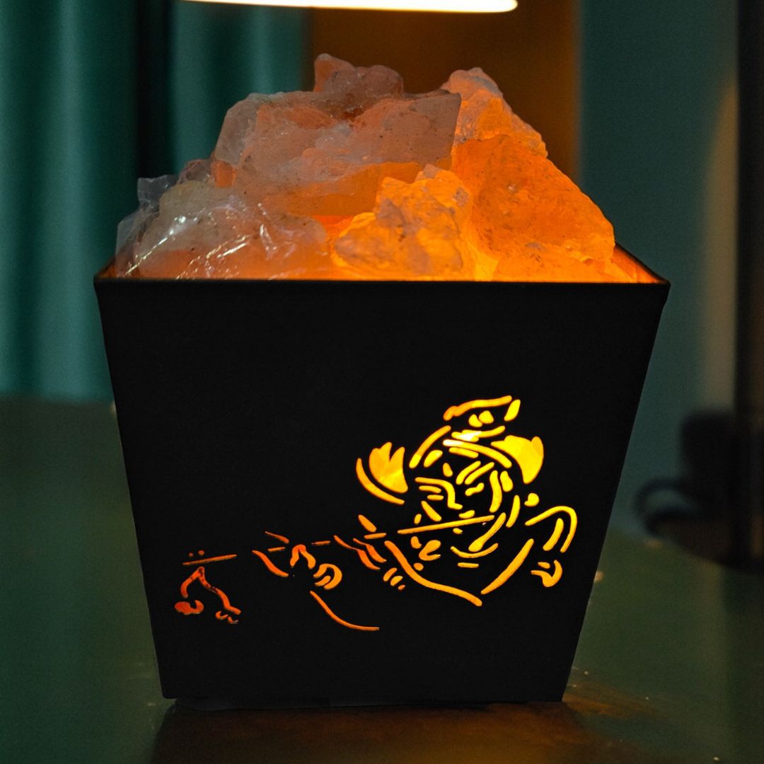 Hare Krishna Metal Basket Lamp with Chunks of Himalayan Rock Salt (6 Inch)