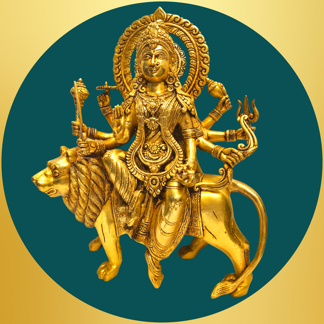 Brass Goddess Durga Maa with Lion Statue/Idol (Golden) (15 Inches)