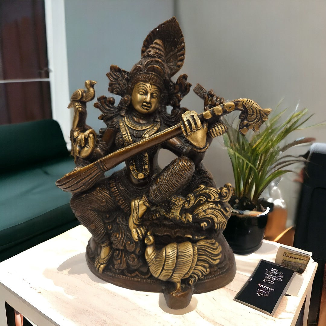 Tamas Brass Four Armed Saraswati Playing Veena Statue/Idol (11 Inch) (Golden)