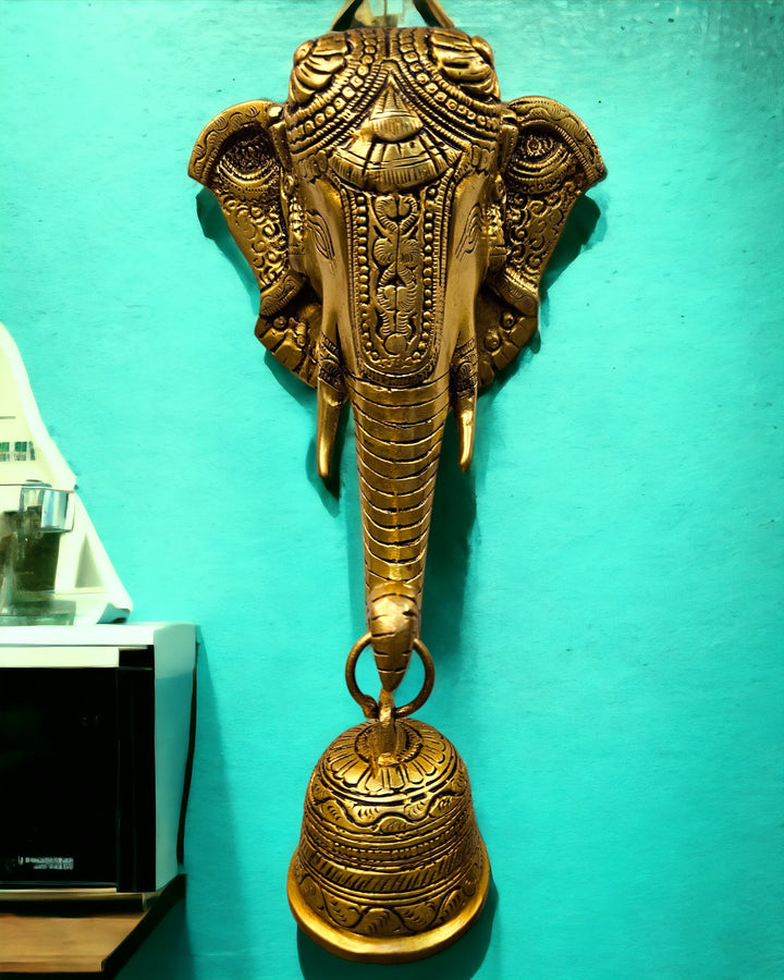 Brass Lord Ganesh/Ganesha Mask with Bell Wall Hanging (10 Inch) (Golden)