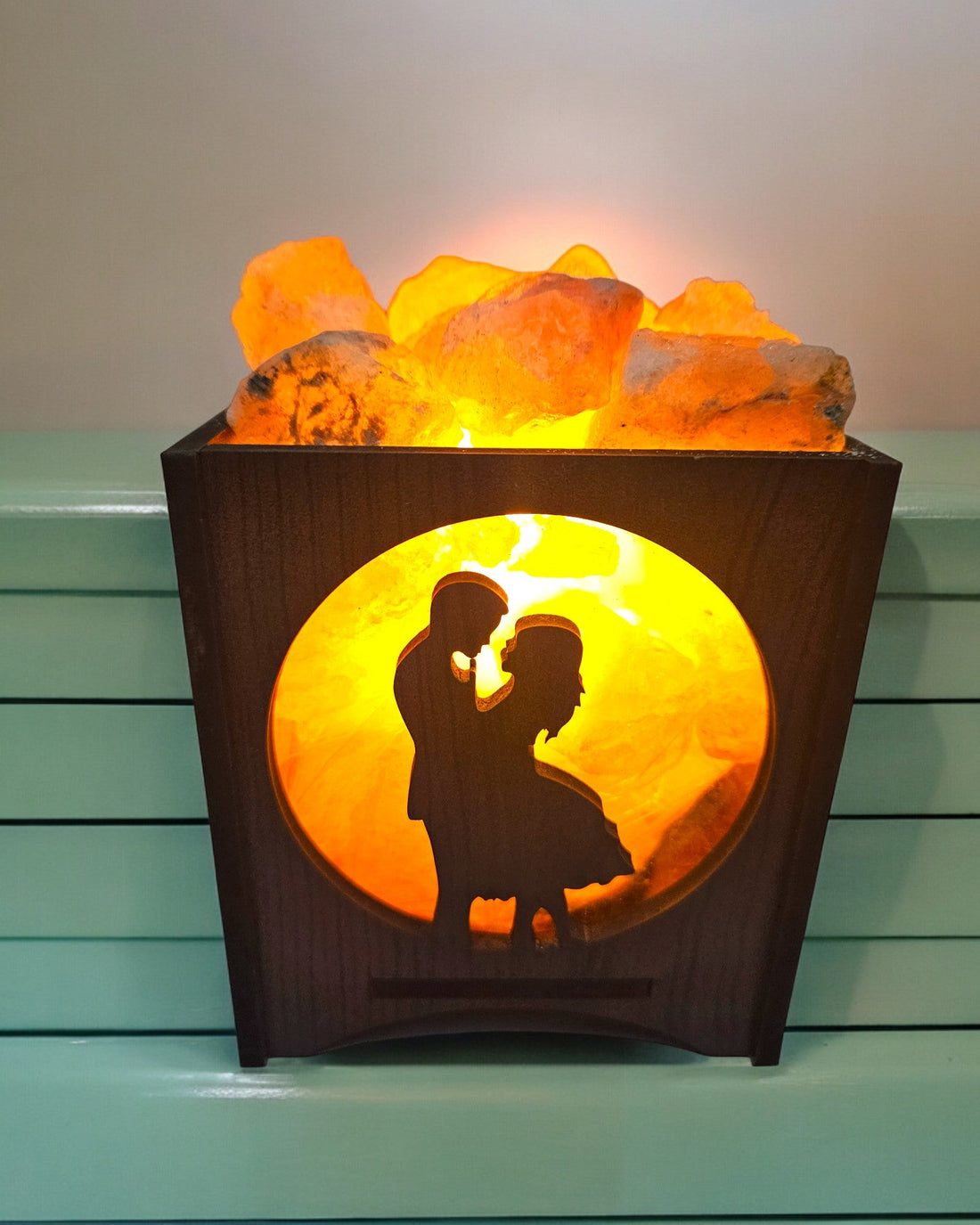 Couple-Fairy Wooden Box Lamp with Chunks of Himalayan Rock Salt (5 Inch)