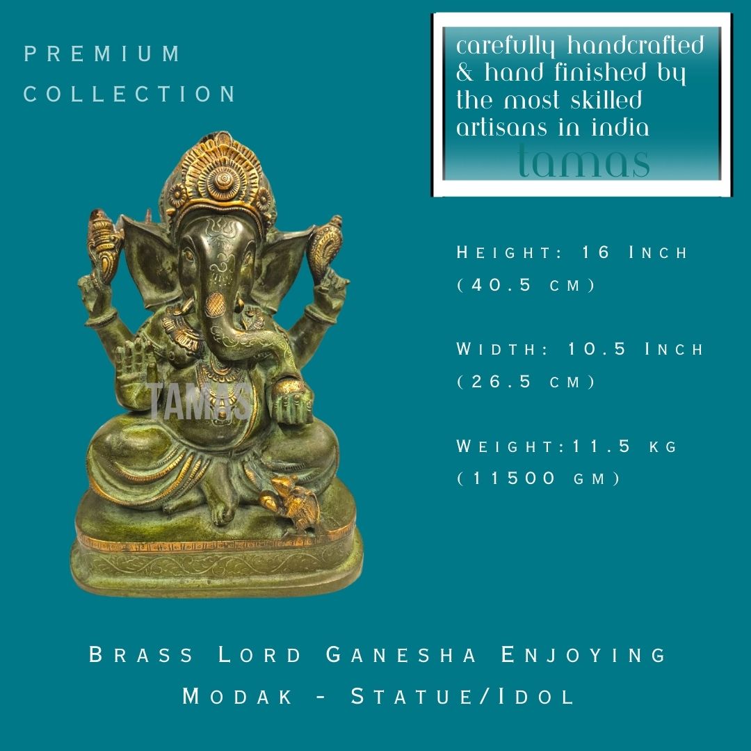 Brass Lord Ganesha Enjoying Modak - Statue/Idol (16 Inch)(Green)