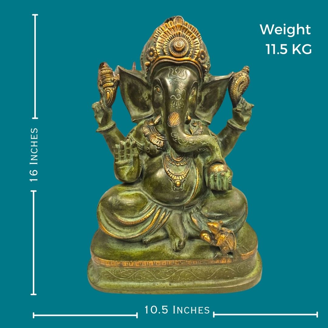 Brass Lord Ganesha Enjoying Modak - Statue/Idol (16 Inch)(Green)