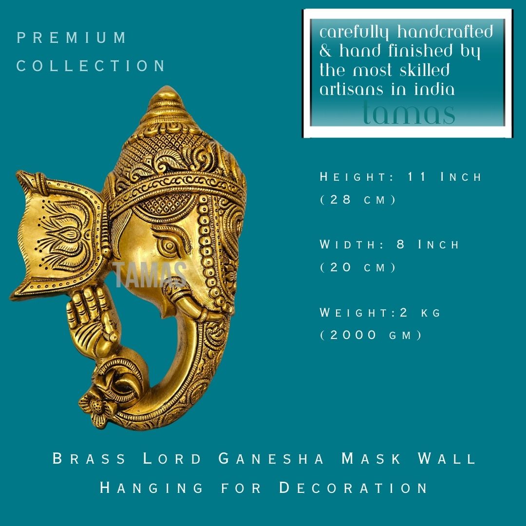 Brass Lord Ganesha Mask Wall Hanging for Decoration (11 Inch)(Golden)