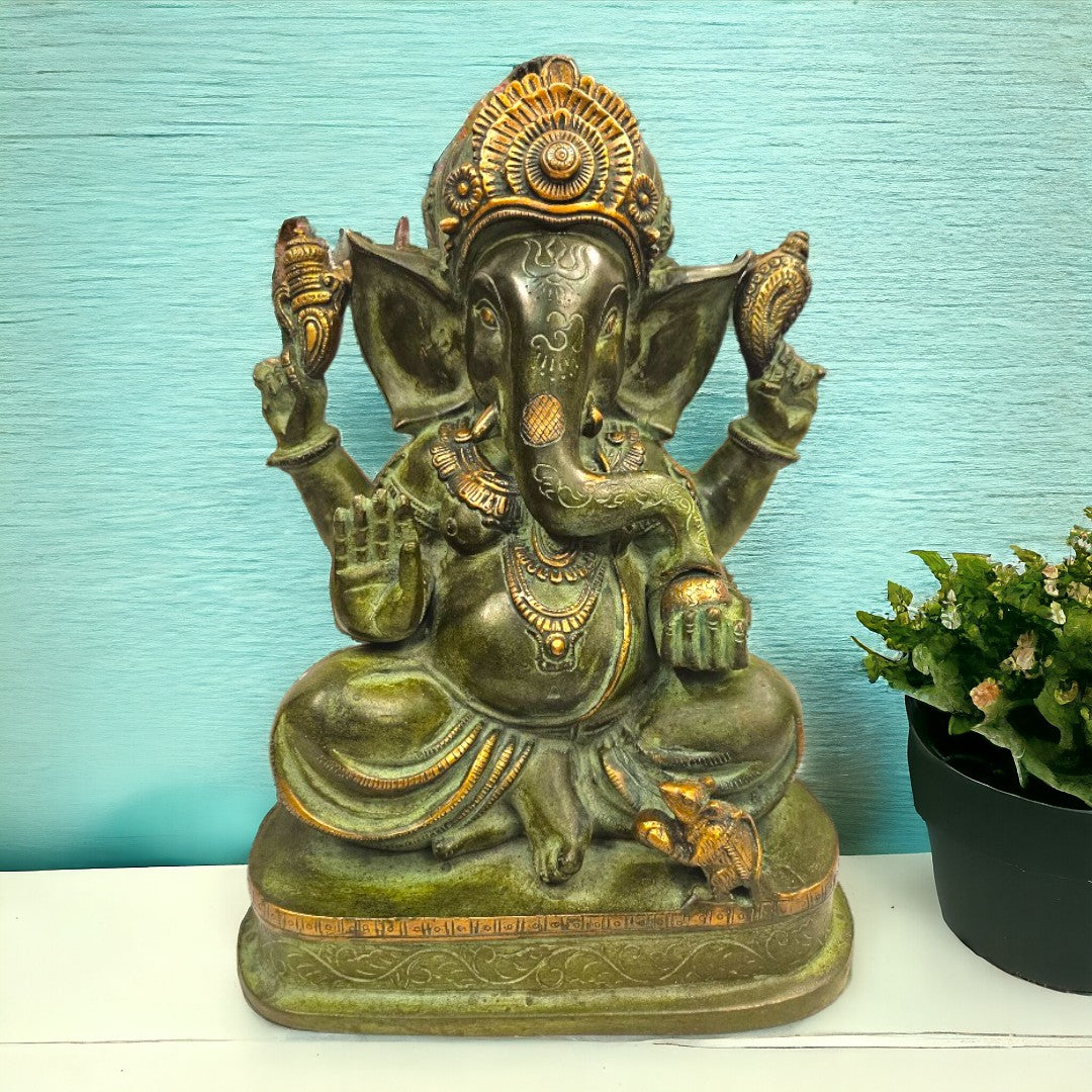 Brass Lord Ganesha Enjoying Modak - Statue/Idol (16 Inch)(Green)