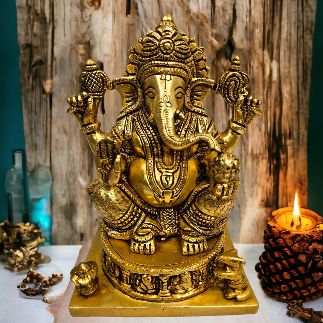 Brass Lord Mangalkari Ganesh Statue/Idol (7.2 Inch) (Golden)