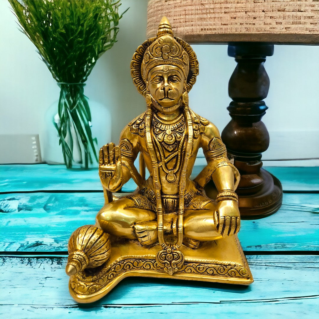 Tamas brass Sankat Mochan Hanuman Ji Statue/Idol (9.5 Inch)(Golden)