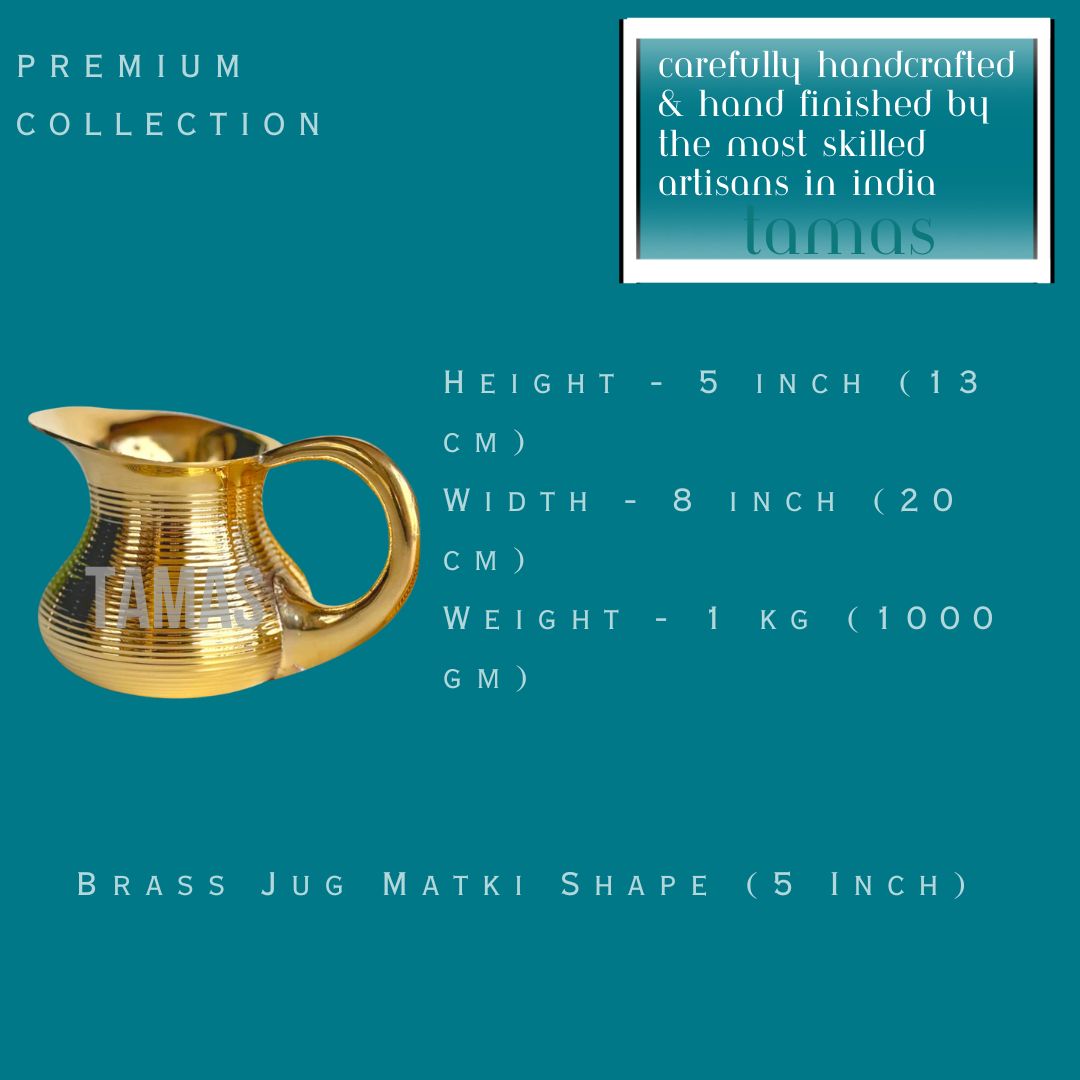 Brass Matki Shape Jug and 4 Glasses Set (Golden)