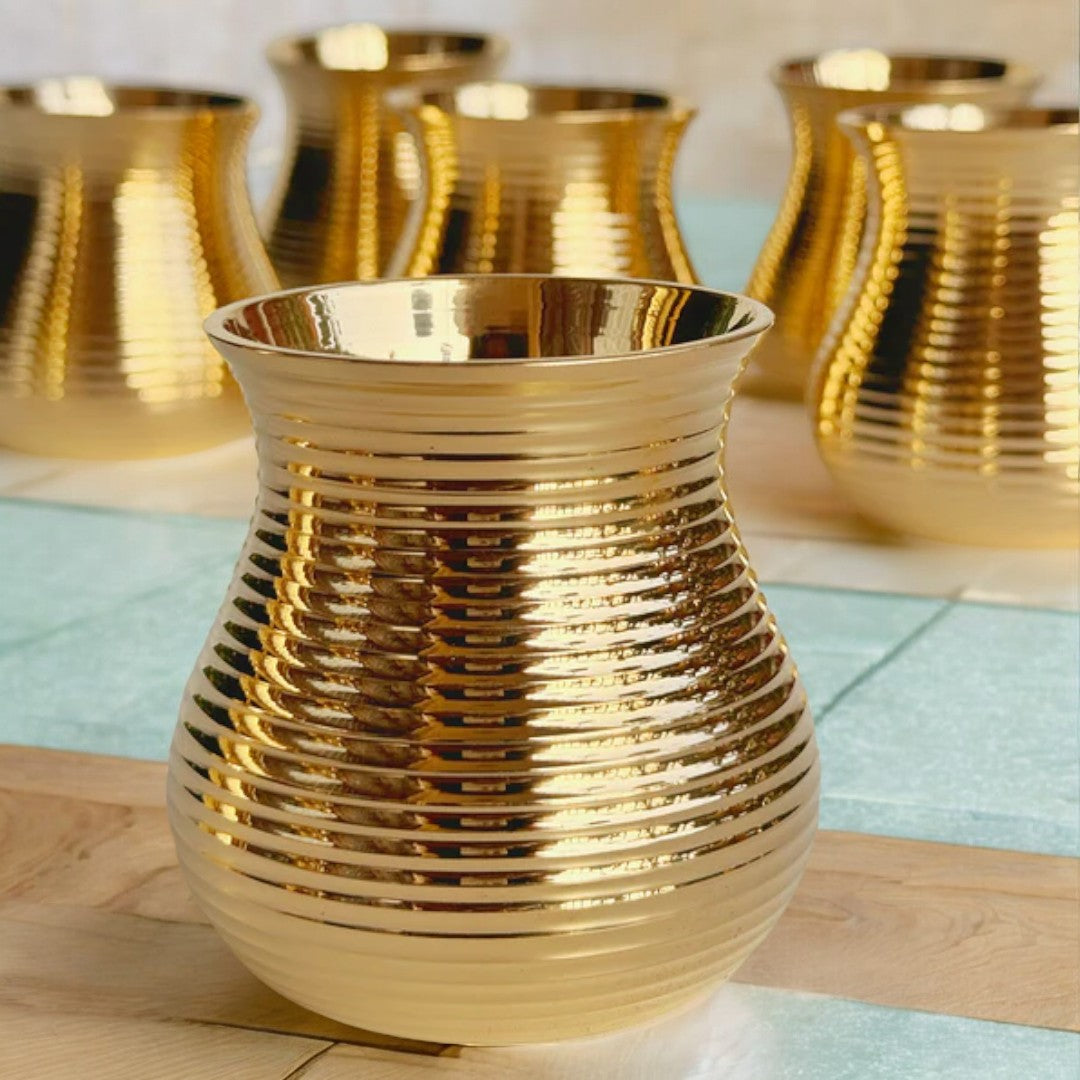 Brass Matki Shape Jug and 4 Glasses Set (Golden)