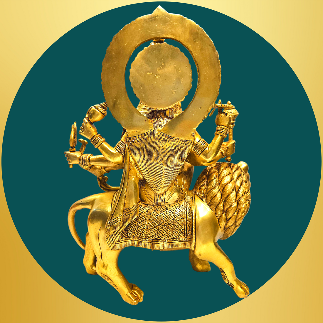 Brass Goddess Durga Maa with Lion Statue/Idol (Golden) (15 Inches)