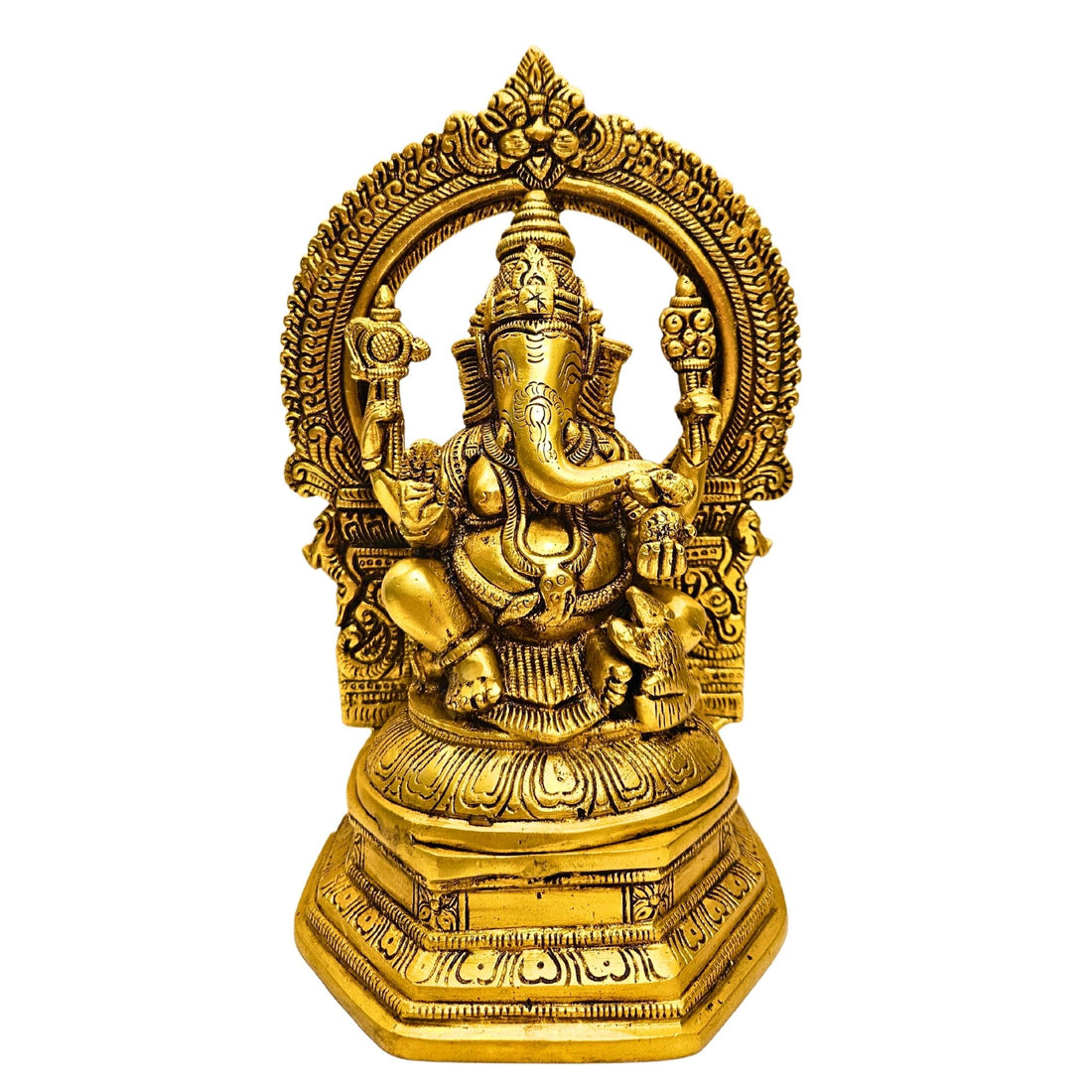 Tamas Brass Lord Ganesha with Aureole and Kirtimukha Statue/Idol (Golden)(9.5 Inches)