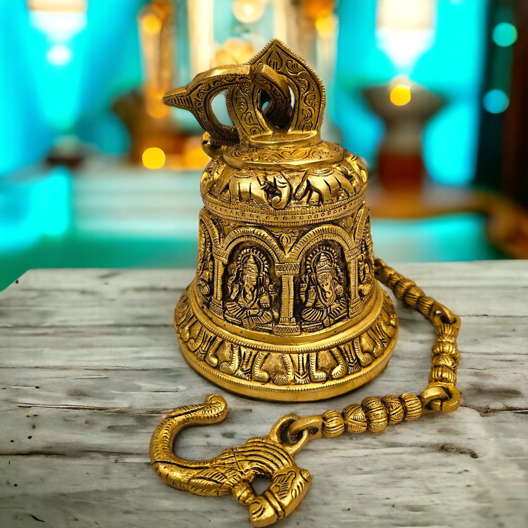 Brass Ganesha Temple Hanging Bell/Ghanti (8 Inch) (Golden)