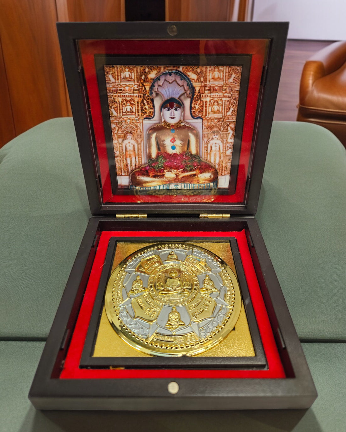 Gold Foil Jai Ginendra Gift/Puja Box(5 Inch)(Golden)