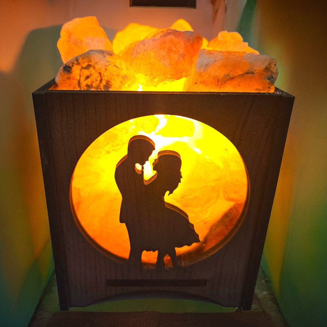 Couple-Fairy Wooden Box Lamp with Chunks of Himalayan Rock Salt (5 Inch)