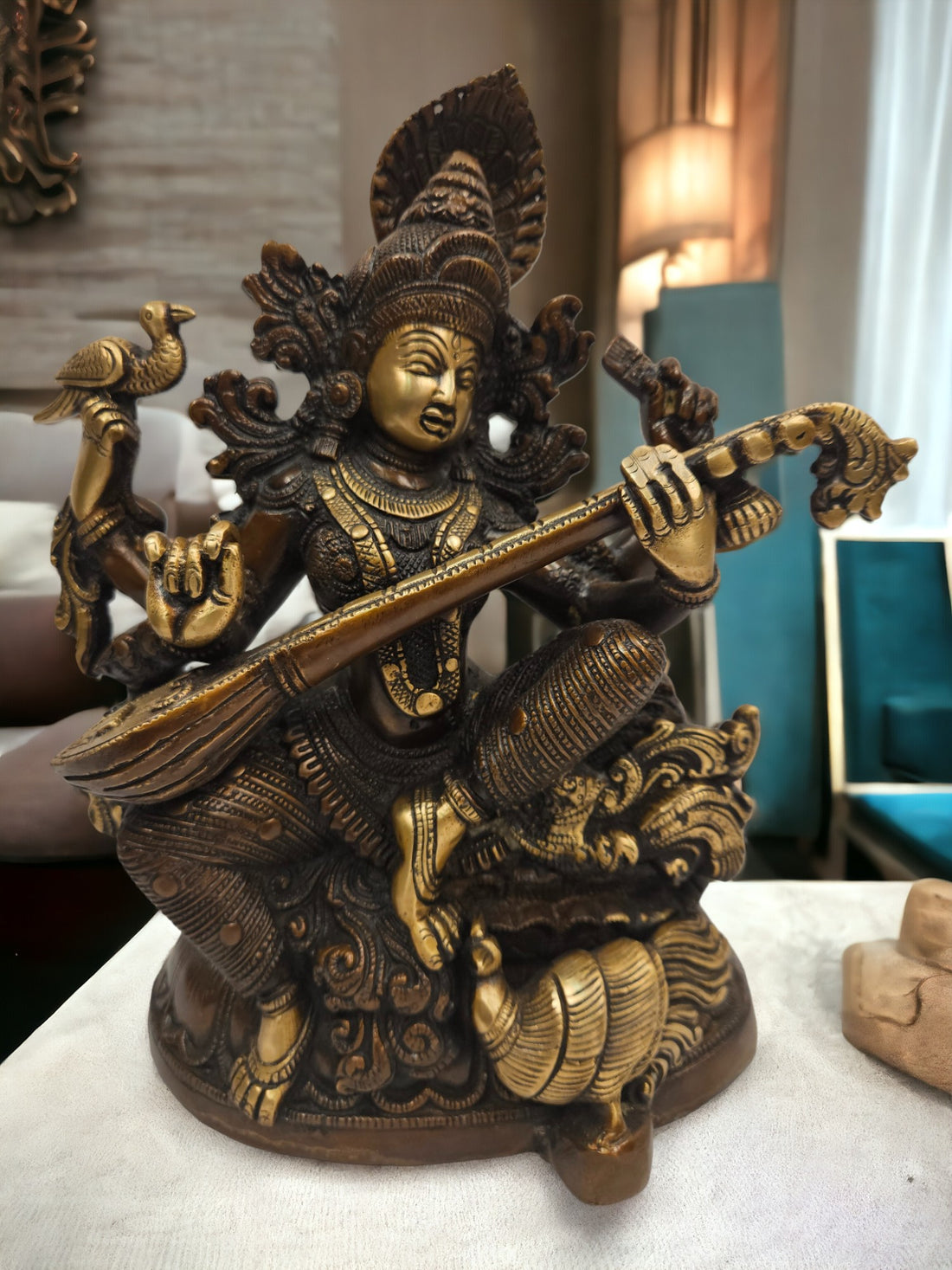 Tamas Brass Four Armed Saraswati Playing Veena Statue/Idol (11 Inch) (Golden)