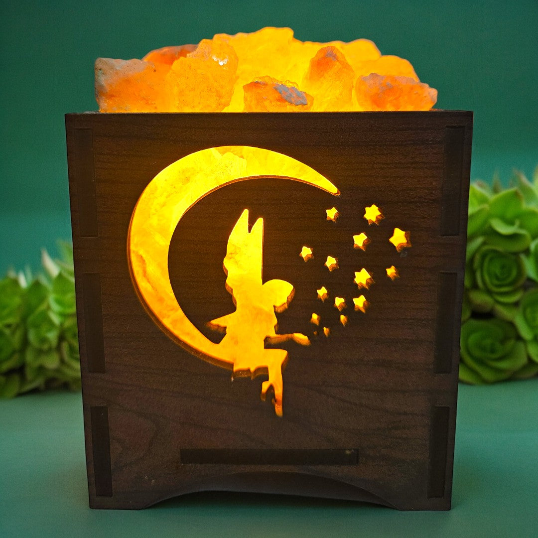 Couple-Fairy Wooden Box Lamp with Chunks of Himalayan Rock Salt (5 Inch)