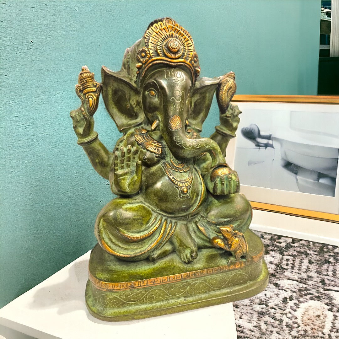 Brass Lord Ganesha Enjoying Modak - Statue/Idol (16 Inch)(Green)