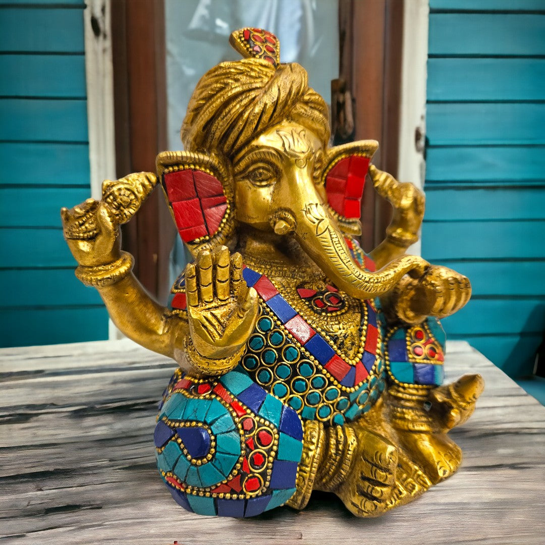 Tamas brass Ganesha adorned with turquoise stones and wearing a turban idol/statue (6 Inch) (Golden)