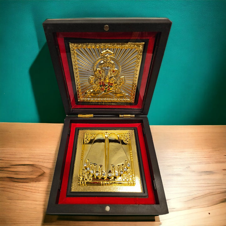 Gold Foil Ganeshaji Charan Paduka Gift/Puja Box(5 Inch)(Golden)
