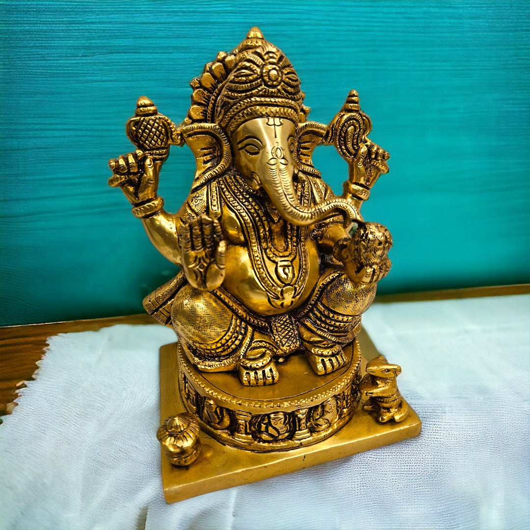 Brass Lord Mangalkari Ganesh Statue/Idol (7.2 Inch) (Golden)