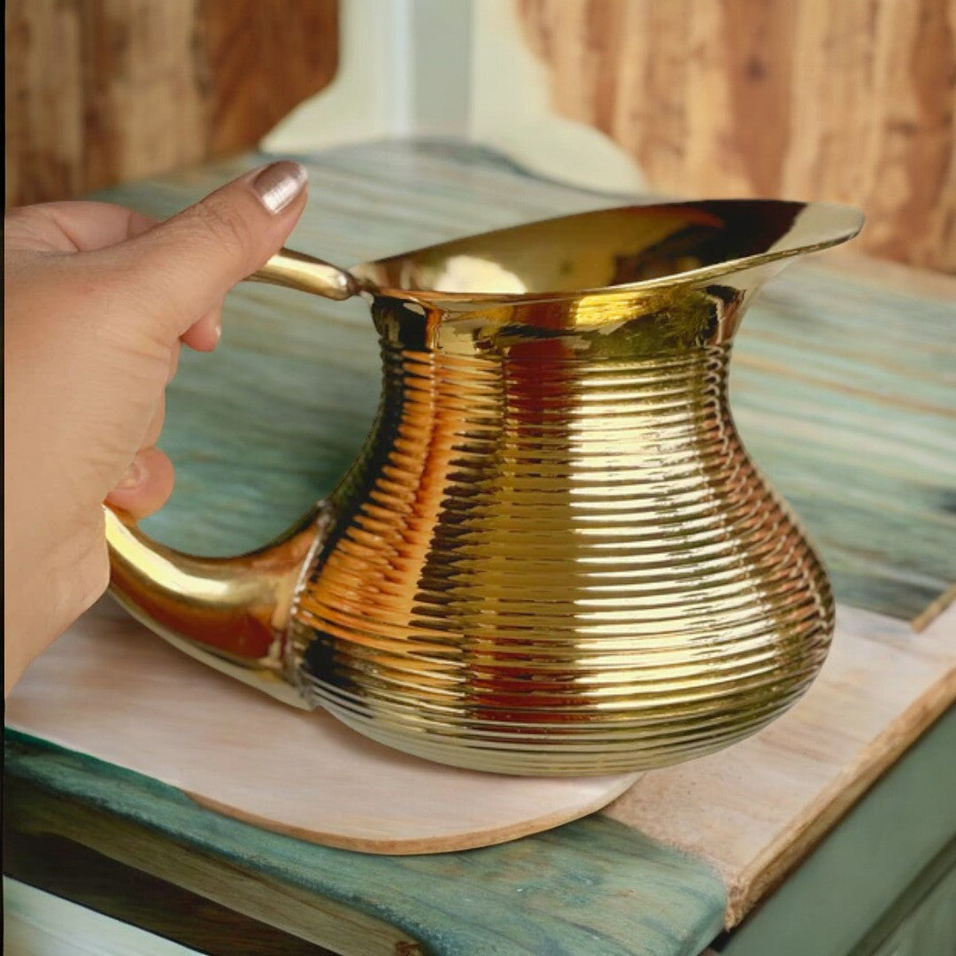 Brass Matki Shape Jug and 4 Glasses Set (Golden)