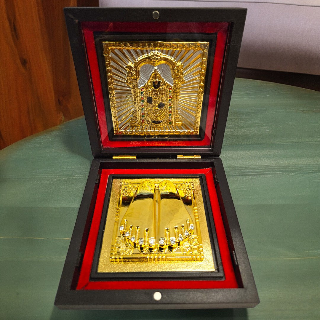 Gold Foil Lord Balaji Charan Paduka Gift/Puja Box(5 Inch)(Multicolour)