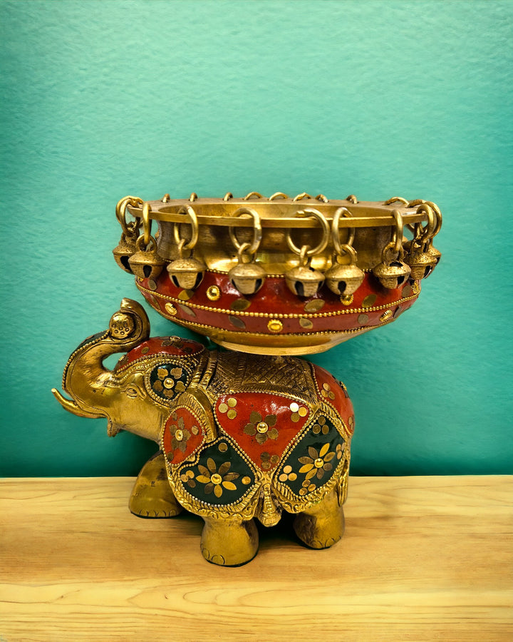 Brass Elephant Urli Stone Work (8 Inch) (Multicolor)