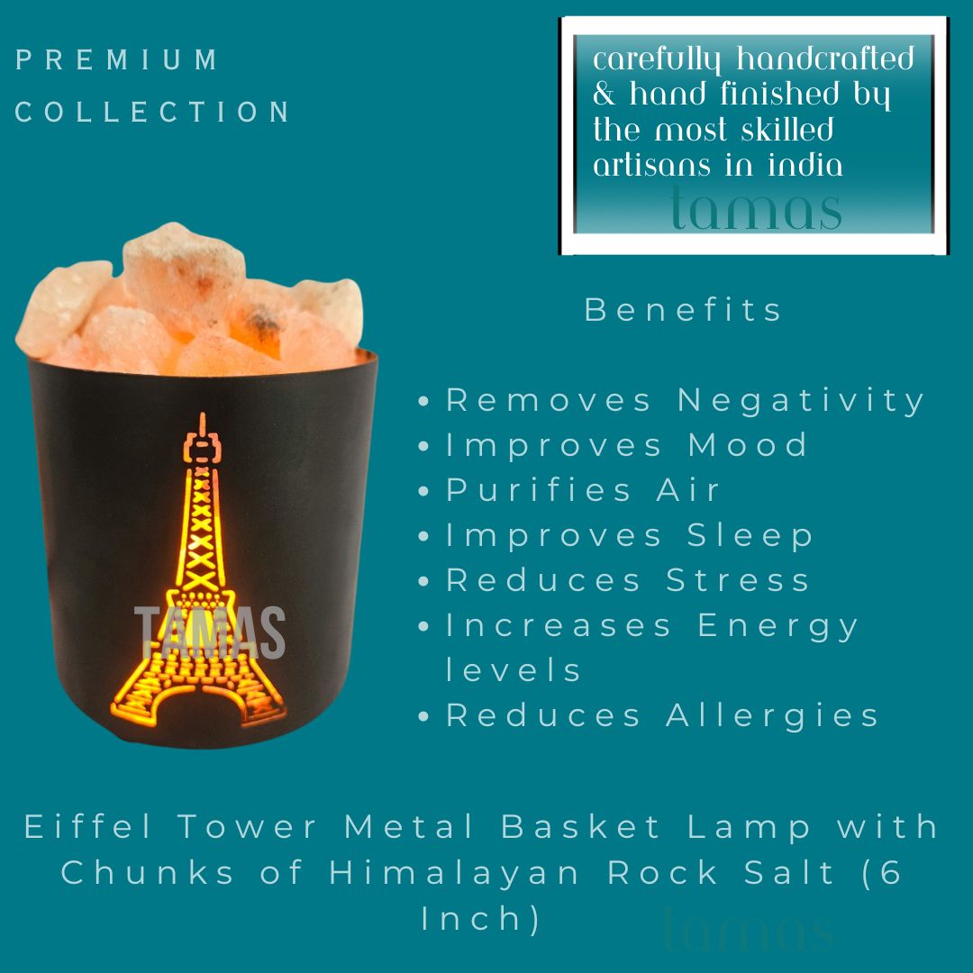 Eiffel Tower Metal Basket Lamp with Chunks of Himalayan Rock Salt (6 Inch)